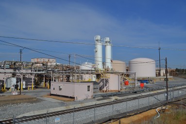 An on-site wastewater treatment system treats both process and stormwater. Additional chemical storage tanks and facilities are on-site.
